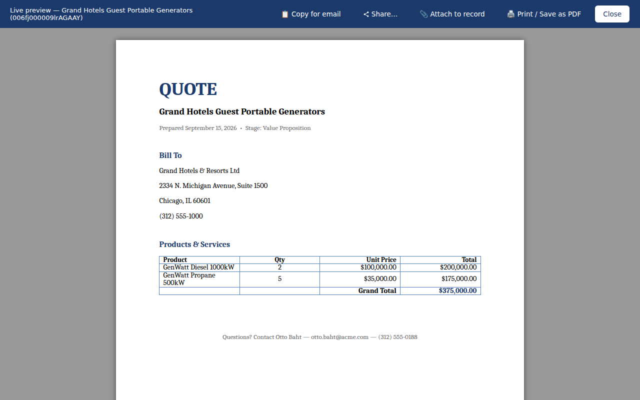 Live preview of a merged quote